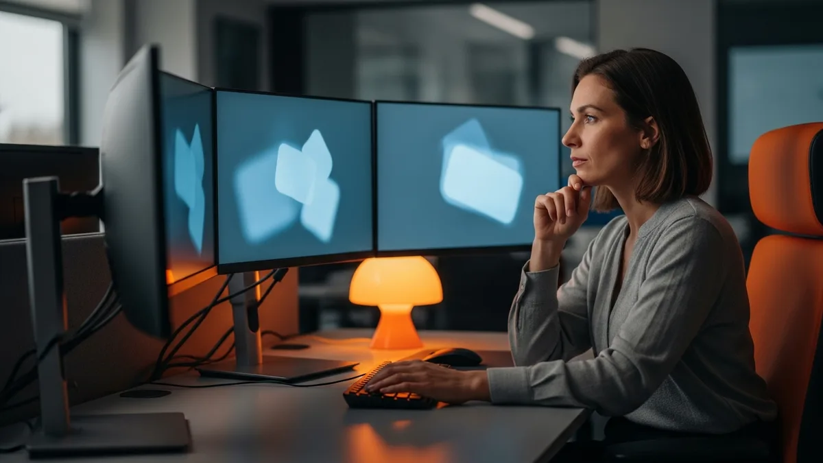 Senior platform engineer reviewing an internal developer platform at a multi-monitor workstation