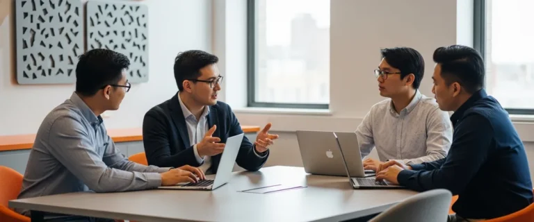 Cross-functional platform engineering team collaborating around a table while planning a platform engineer hire