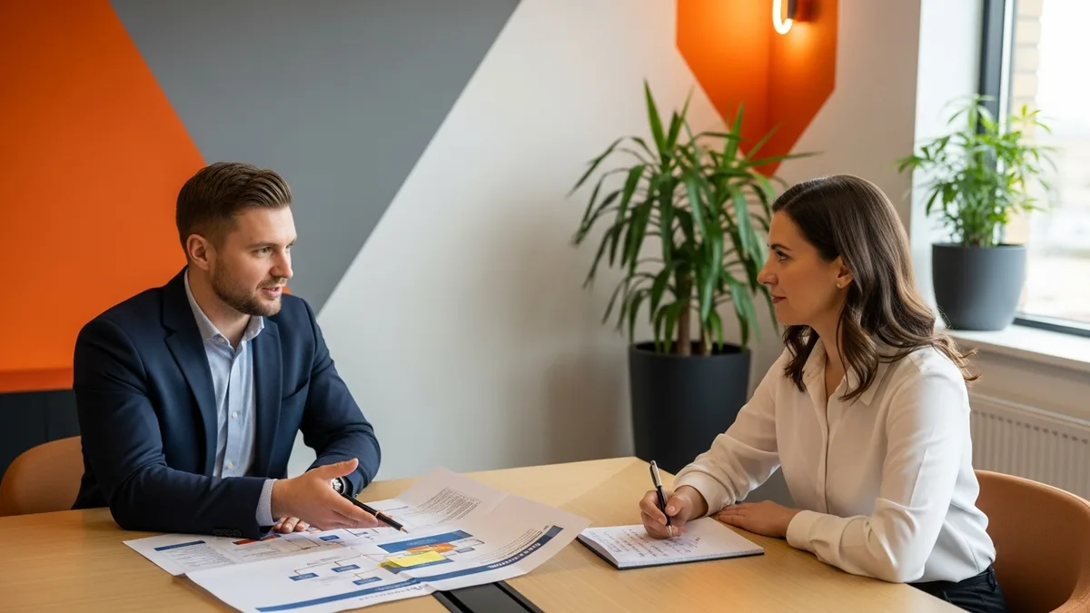 Hiring manager and interviewer reviewing a Salesforce administrator candidate across a conference table