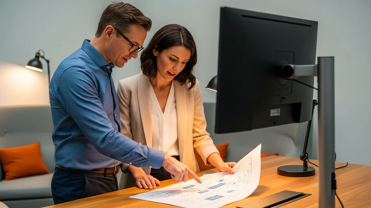 Senior Salesforce administrator and manager reviewing a printed process flow diagram together