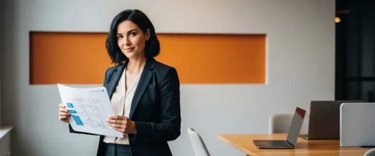 Salesforce administrator holding a printed automation workflow diagram in a modern office