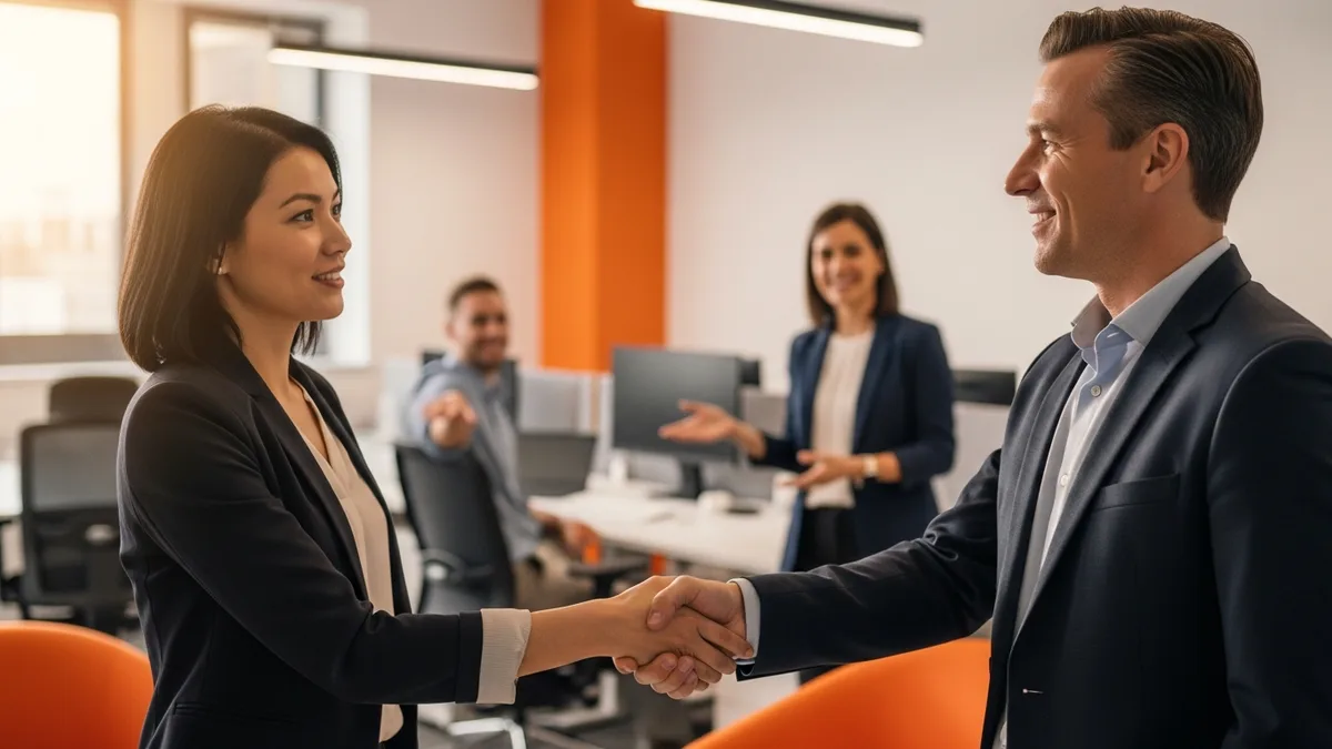 Newly hired Salesforce architect shaking hands with an engineering director on the first day