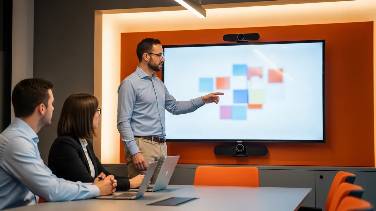 Salesforce architect presenting a system design to two hiring stakeholders on a wall monitor