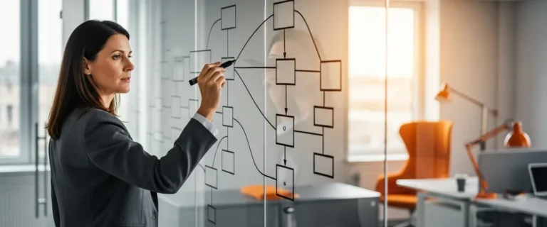 Enterprise software architect sketching an abstract systems architecture diagram on a glass wall in a modern office