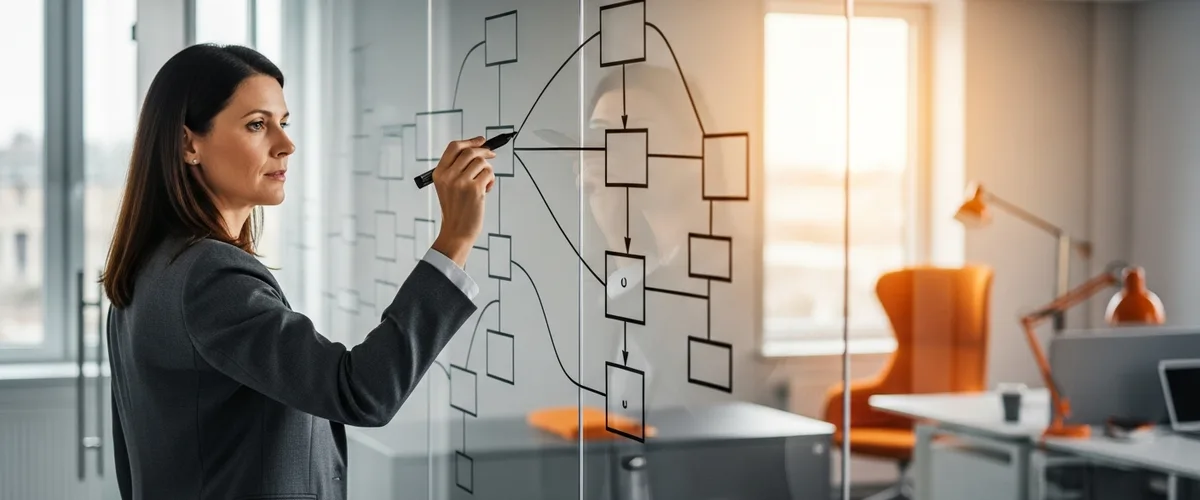 Enterprise software architect sketching an abstract systems architecture diagram on a glass wall in a modern office