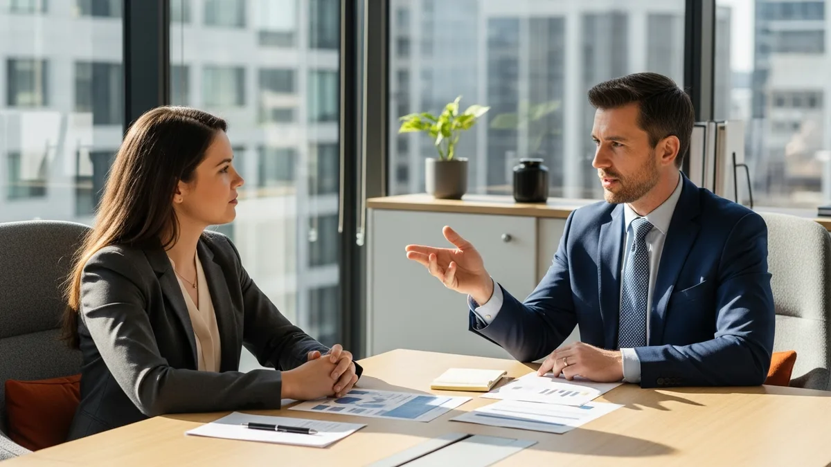 Hiring manager interviewing a security architect candidate over printed design documents