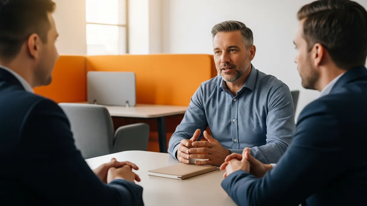 Head of engineering finalist in a hiring interview across a table from two interviewers