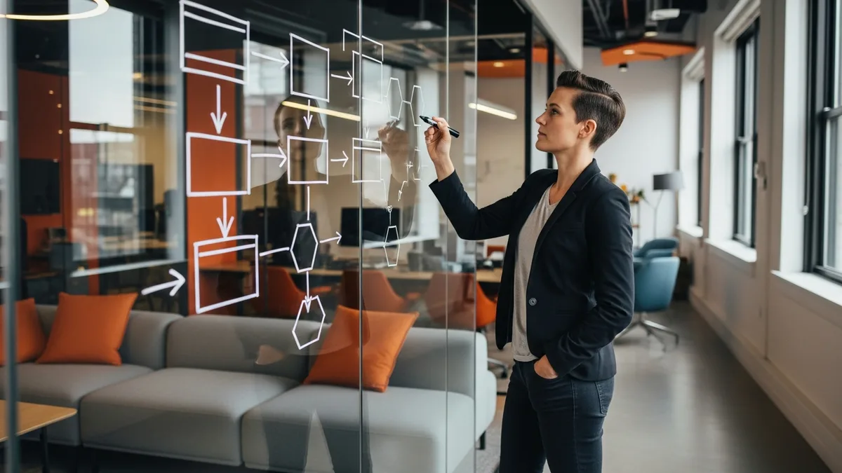 Startup founder sketching an early product roadmap on a glass whiteboard before hiring a first product manager