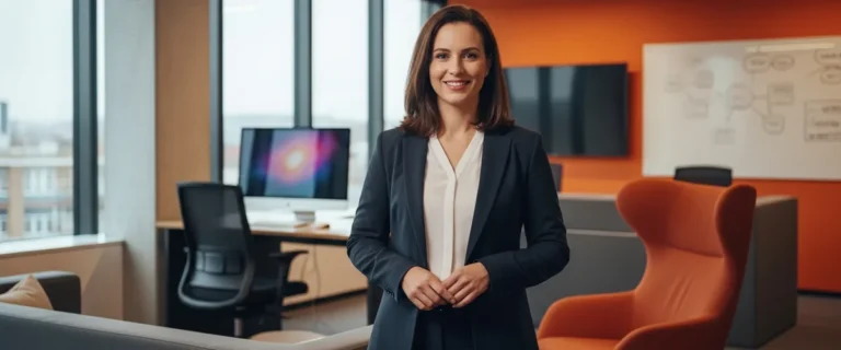 Confident AI research scientist standing in a modern technology office