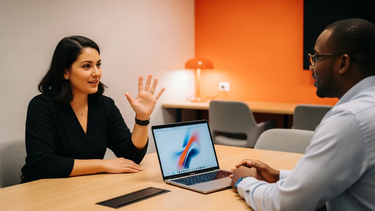 KORE1 recruiter and hiring manager discussing an AI research scientist candidate across an office table