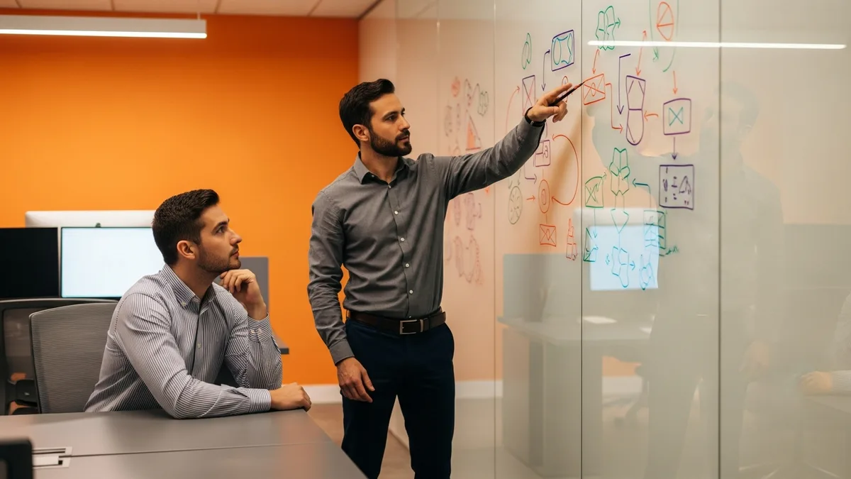 Two AI researchers collaborating at a glass whiteboard covered in diagrams