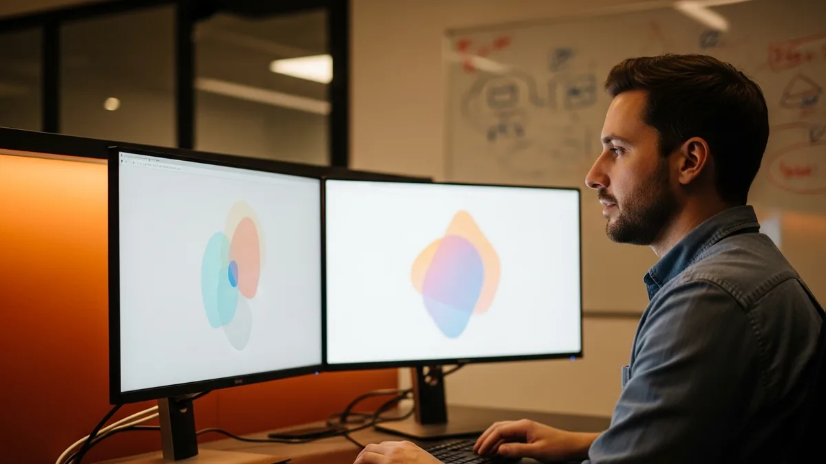 AI research scientist analyzing model results on dual monitors at a workstation
