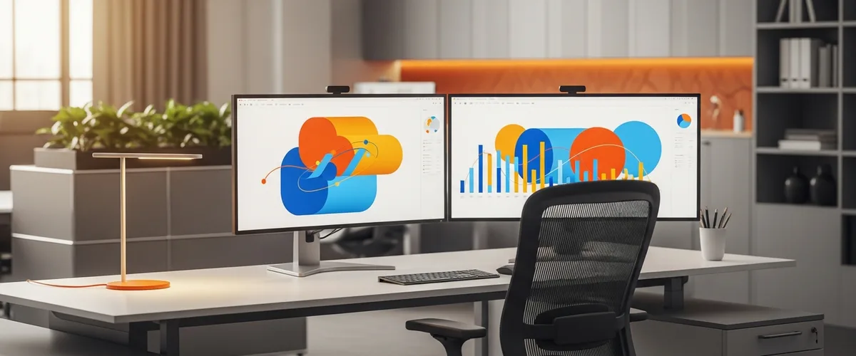Business intelligence developer workstation with two monitors showing colorful dashboards in a modern office