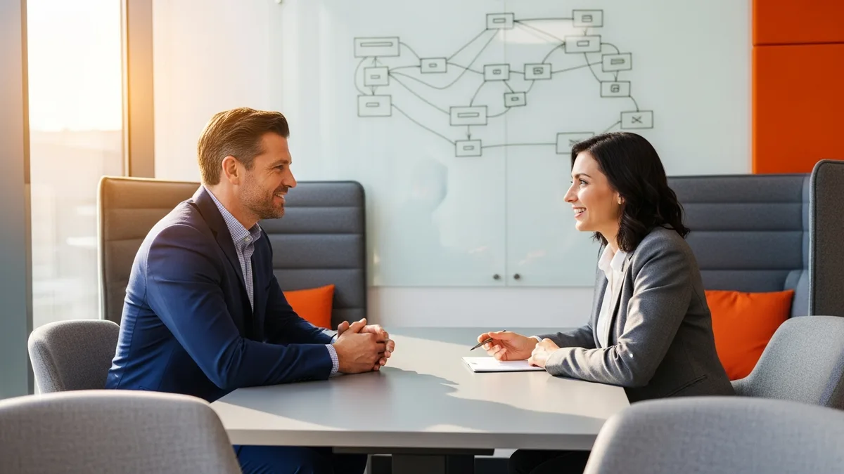 Hiring manager interviewing a BI developer candidate beside a whiteboard data model diagram
