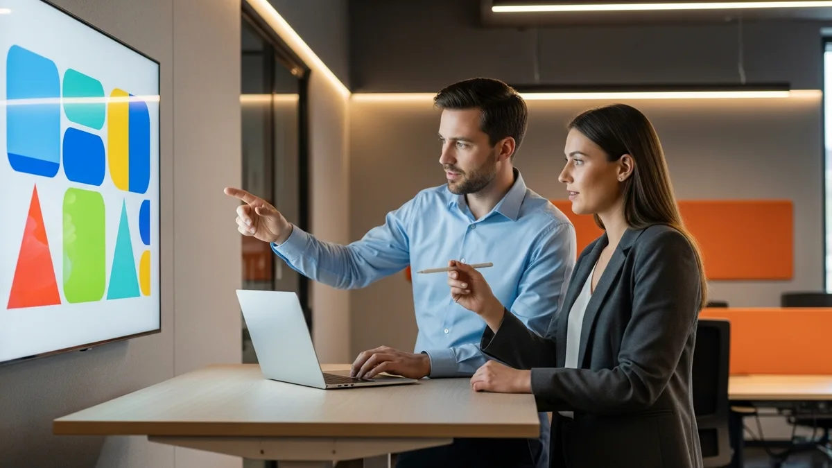 Two data professionals reviewing a business intelligence dashboard together at a standing desk