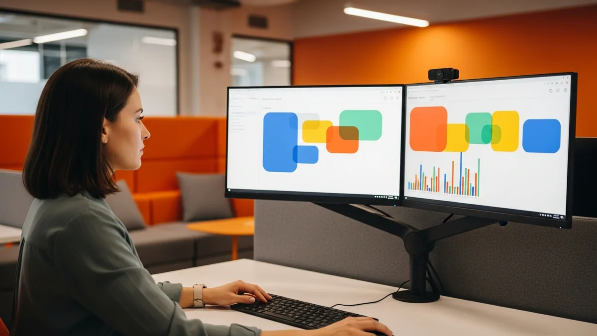 BI developer reviewing colorful business intelligence dashboards on a dual-monitor workstation