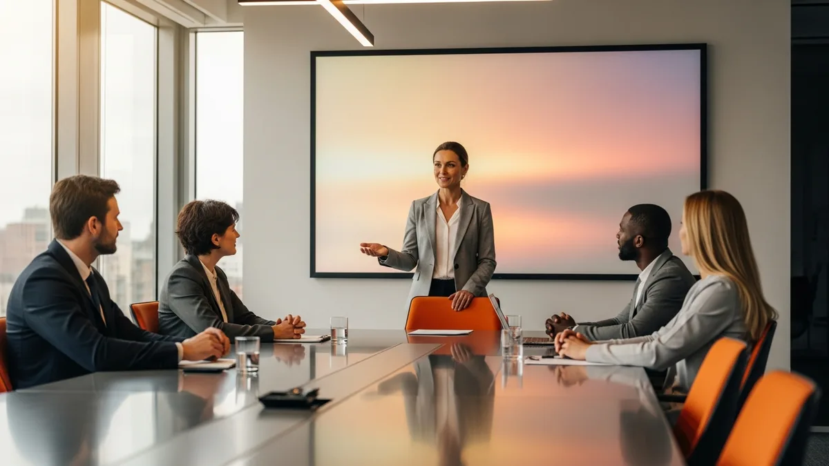 AI executive presenting an artificial intelligence strategy to a company leadership team in a modern boardroom