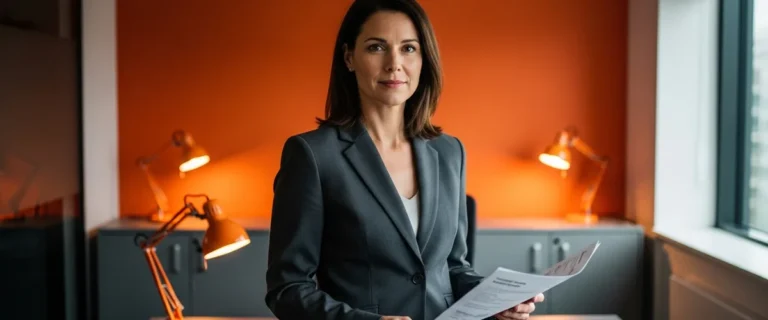 Corporate financial controller reviewing a financial report in a modern finance office
