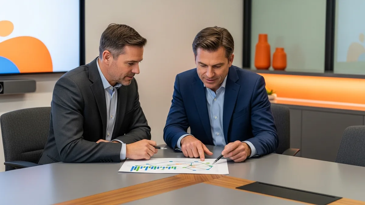Chief operating officer and CEO reviewing operational performance charts side by side at a conference table