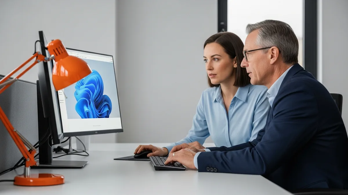 Dynamics 365 consultant and a business stakeholder reviewing an application configuration together at a workstation