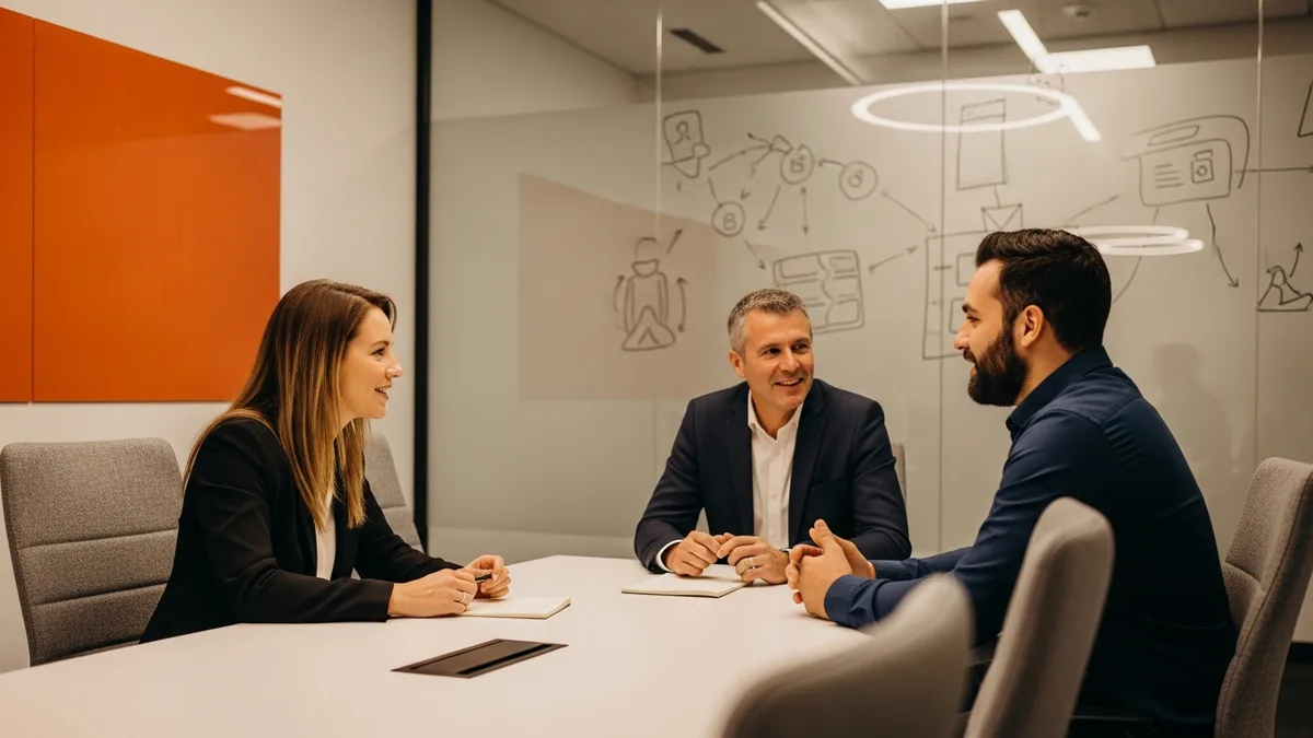 Hiring panel interviewing a Microsoft Dynamics 365 consultant candidate across a table in a conference room