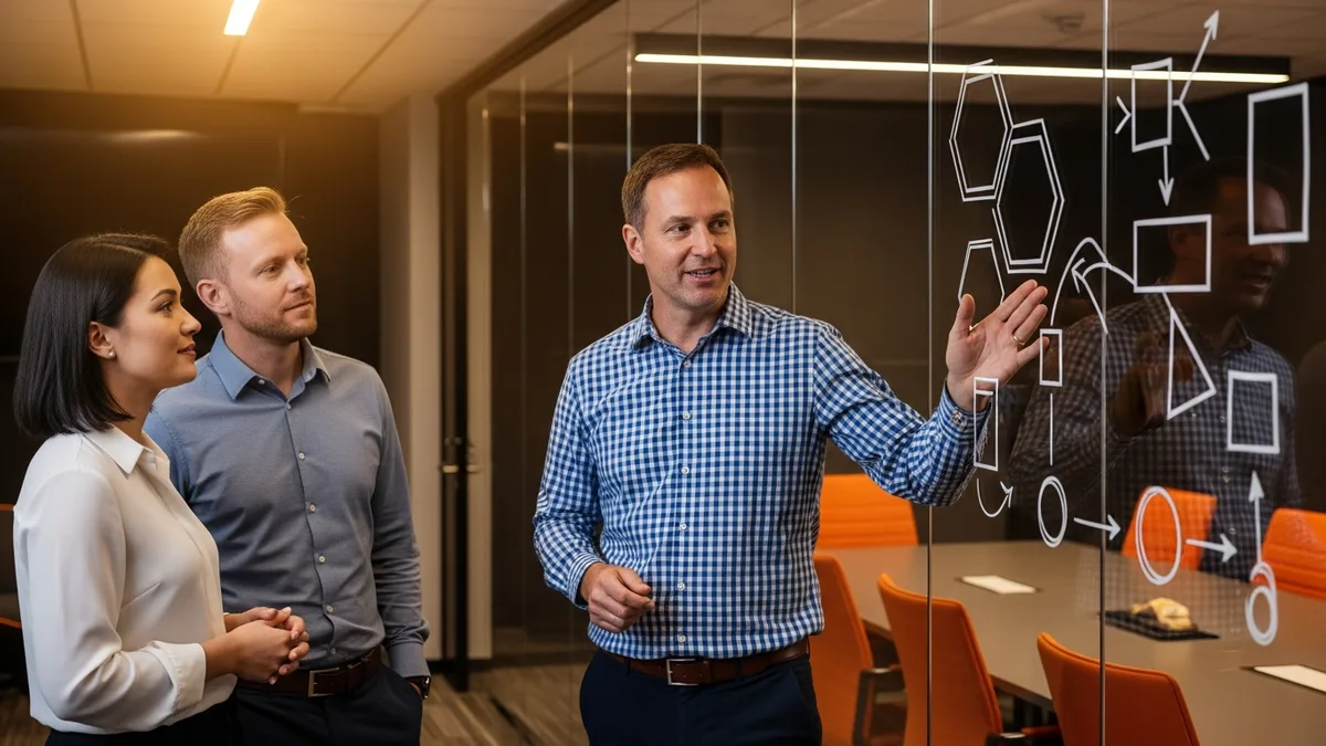 Dynamics 365 functional consultant leading a requirements session at a glass wall with process-flow diagrams while finance and operations stakeholders watch