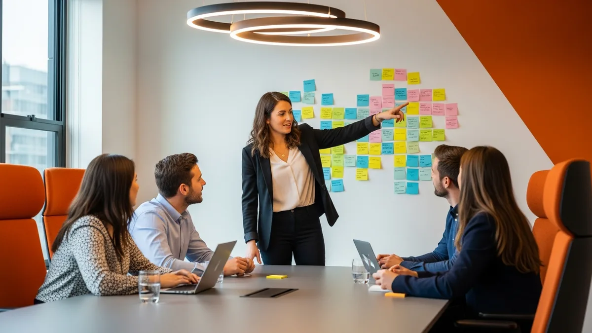 Group product manager facilitating a working session with a small pod of product managers in a modern office