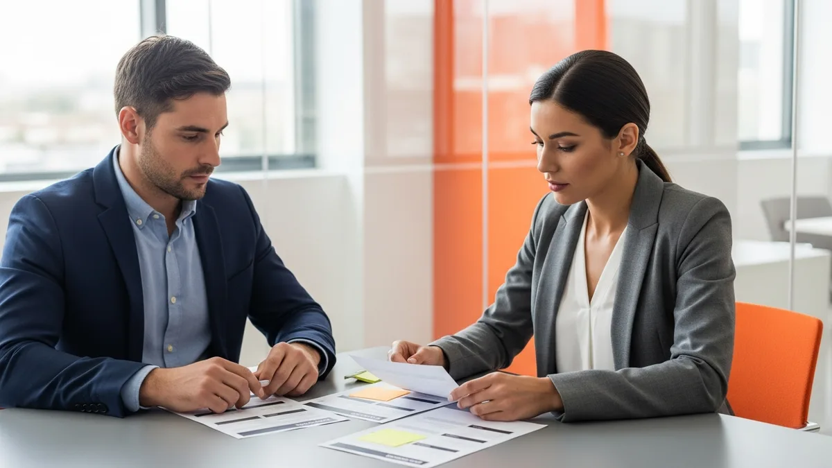 Hiring manager and recruiter reviewing group product manager candidates at a conference table