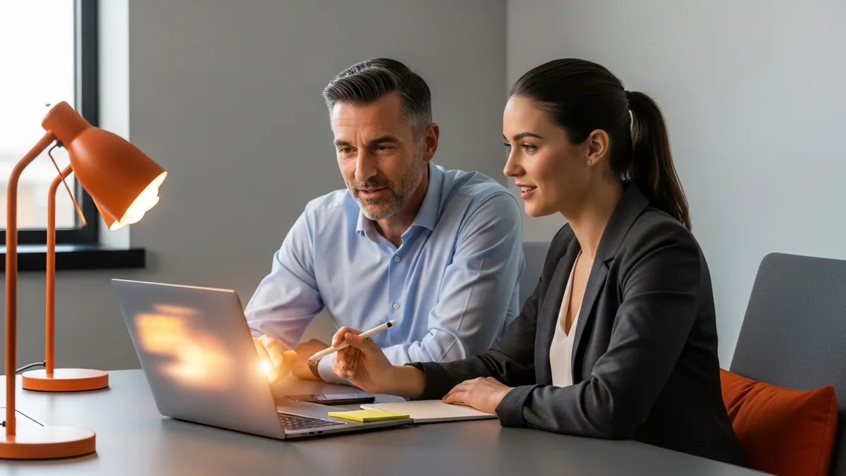 Senior product leader mentoring a product manager one-on-one at a desk in a modern office