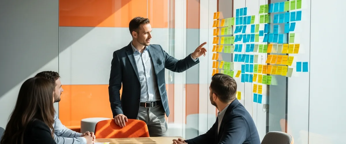 Group product manager leading a small product team beside a wall of sticky notes in a modern office
