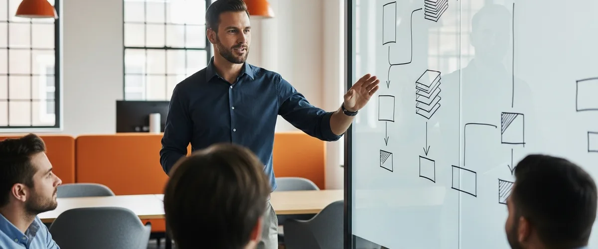 Engineering leader sketching a system architecture on a glass whiteboard while briefing a small team