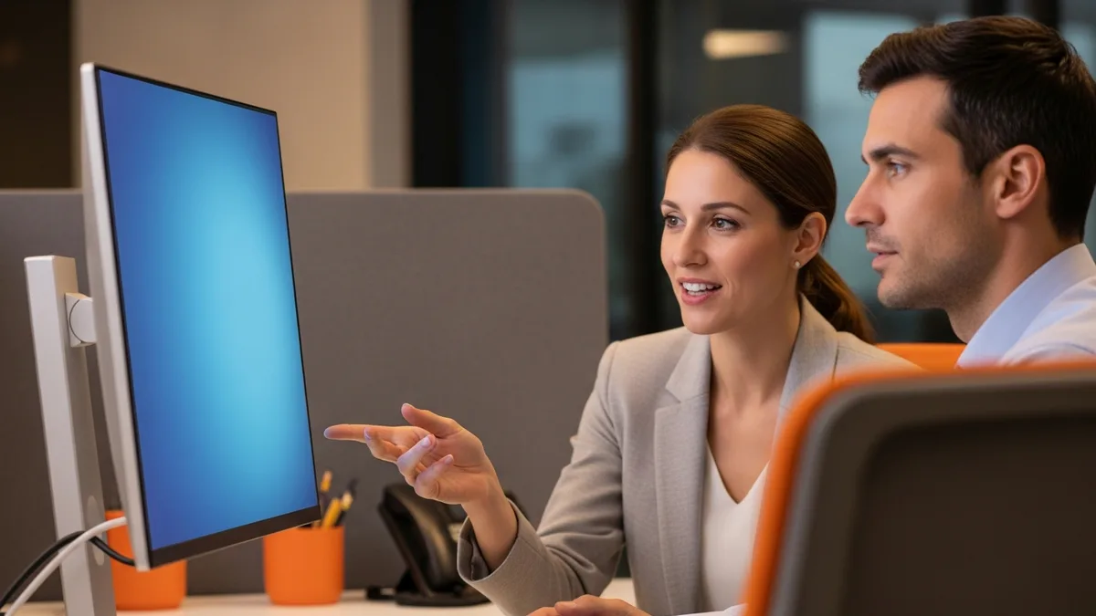 Functional consultant reviewing a NetSuite dashboard configuration alongside a finance stakeholder at a workstation