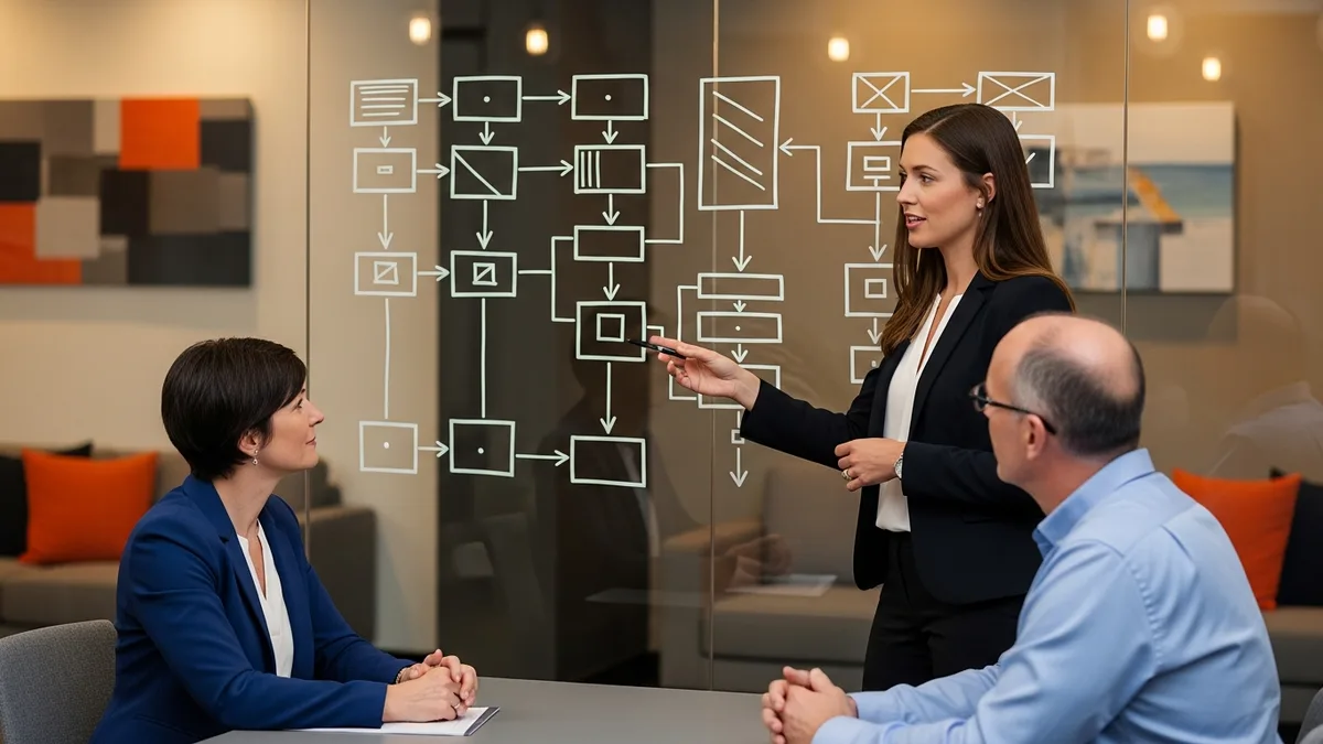 NetSuite functional consultant leading a requirements workshop with a controller and operations manager, process flow sketched on a glass wall