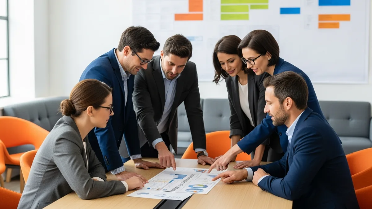 A cross-functional NetSuite implementation team reviewing a rollout plan around a conference table in a modern office