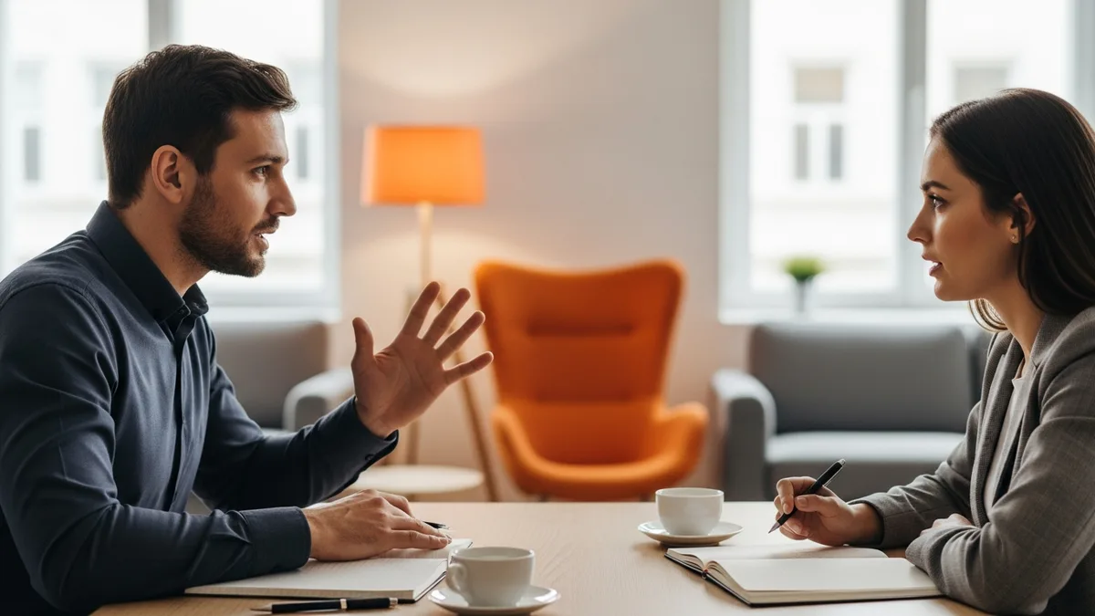 Hiring manager and recruiter discussing a principal product manager hire across an office table