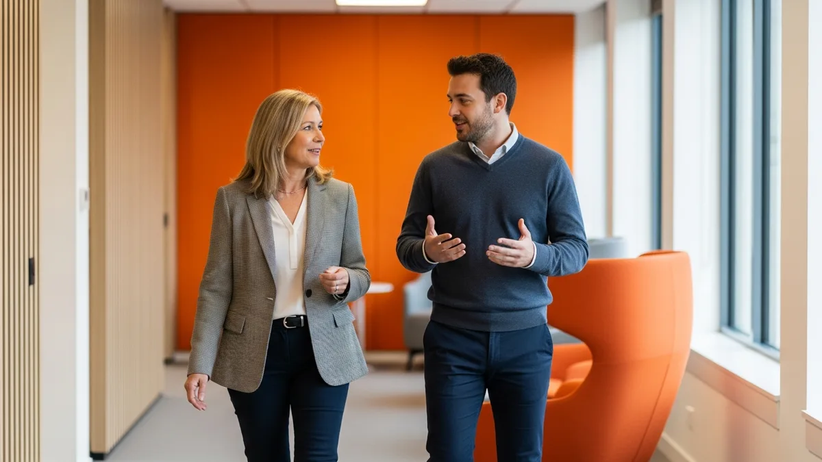 Senior principal product manager walking and talking with a colleague in a modern office