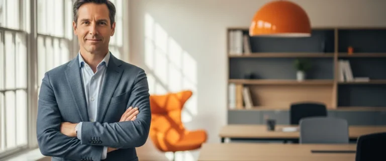 Confident principal product manager standing with arms crossed in a modern office