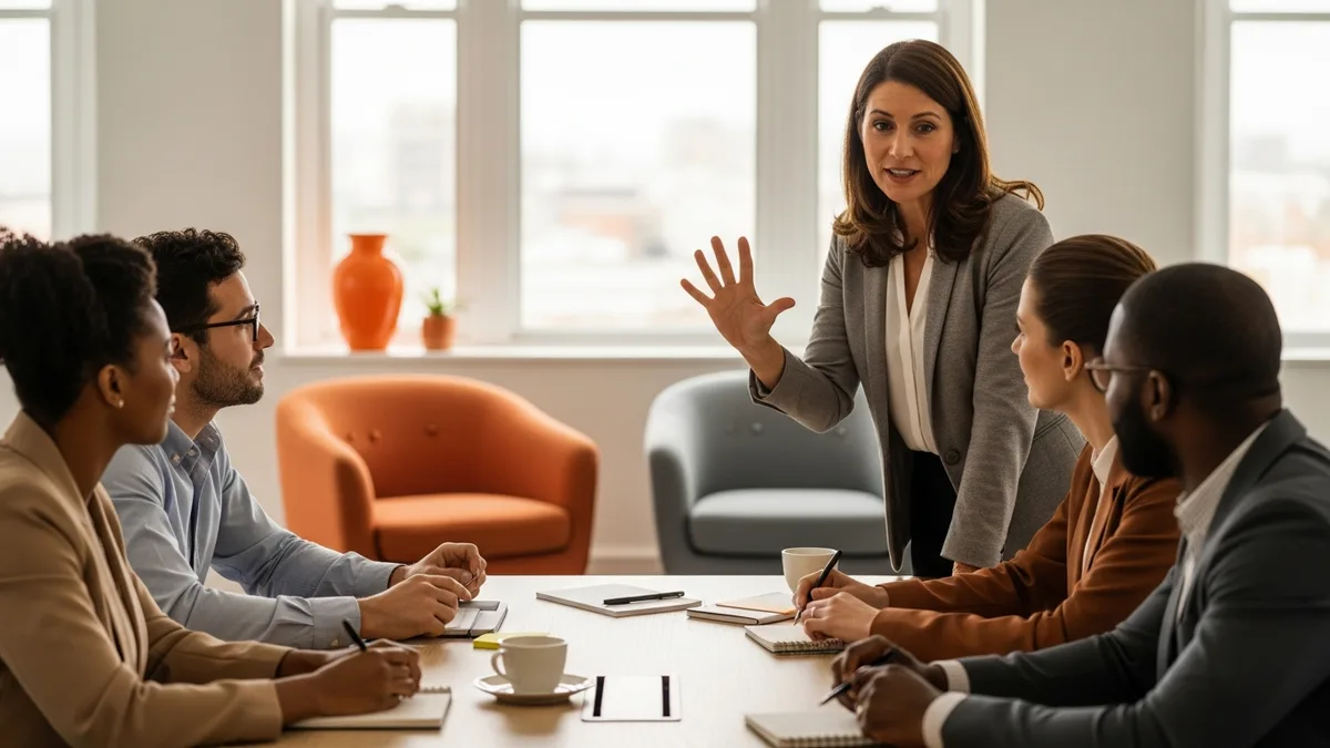 Principal product manager standing and presenting product strategy to a cross-functional team around a conference table