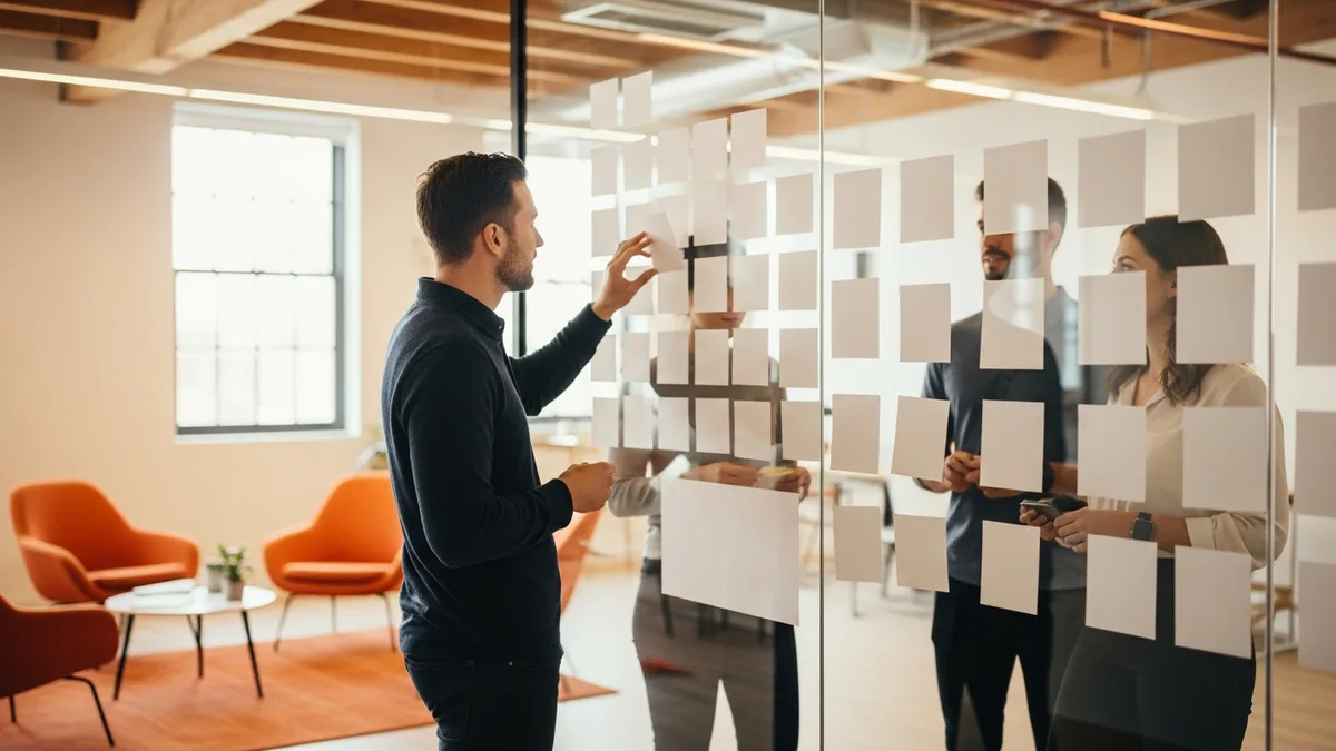 Product design team collaborating around sticky notes on a glass wall in a bright studio