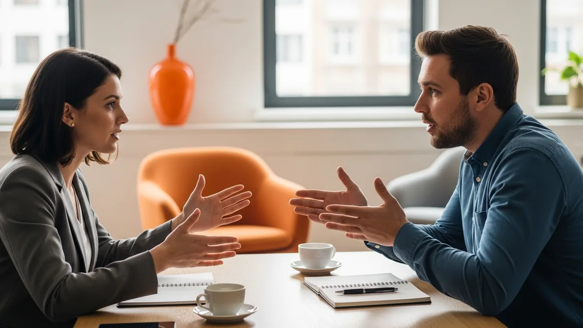 Hiring manager and recruiter planning a product designer search at a table in a modern office