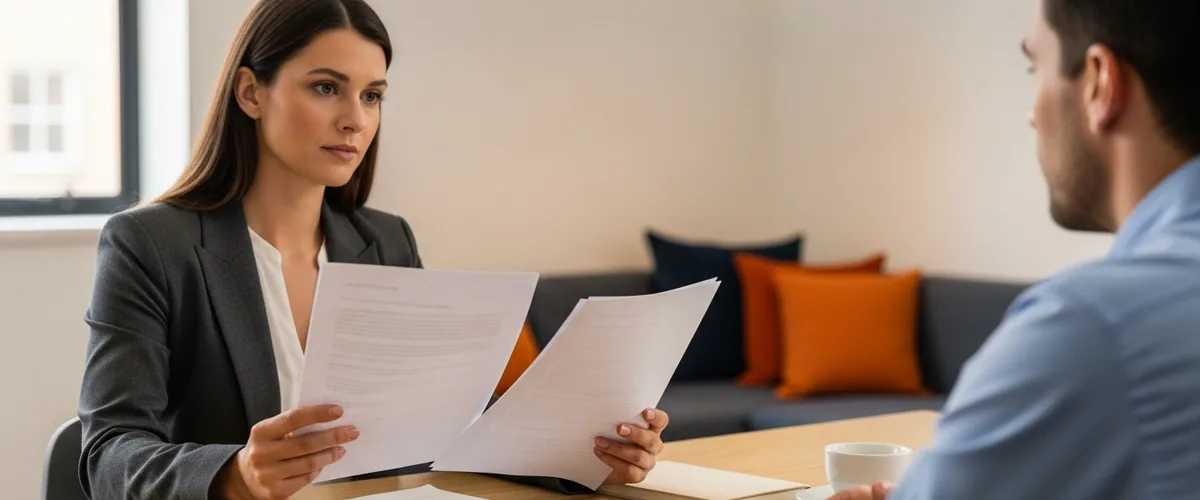 Hiring manager reviewing a product designer candidate's printed materials during an interview in a modern office