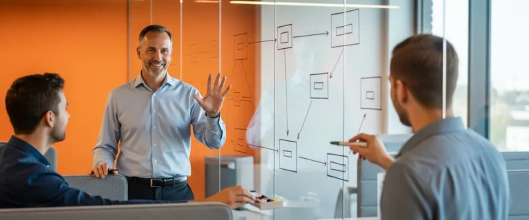 Senior software engineer stepping back to let two colleagues lead at a whiteboard, illustrating the IC to manager skill shift