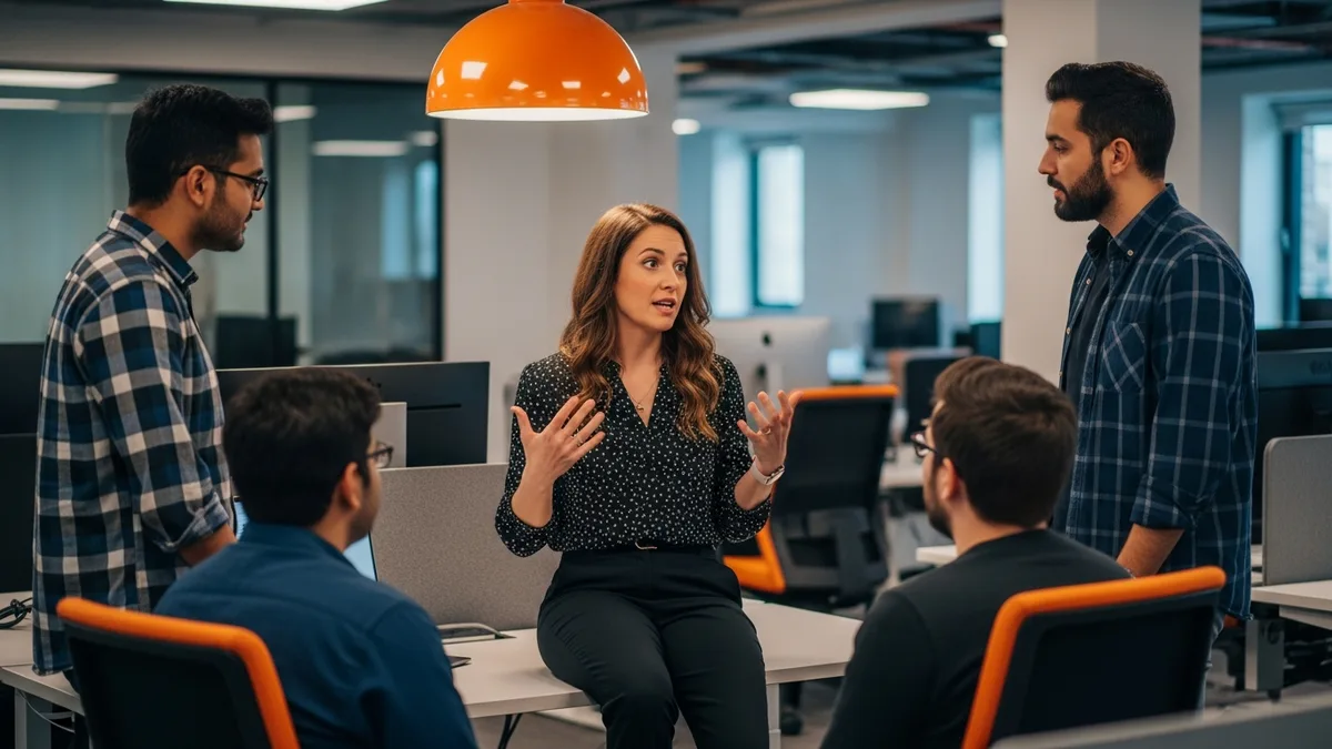 Newly promoted engineering manager talking with three software engineers during the first weeks of the IC to manager transition