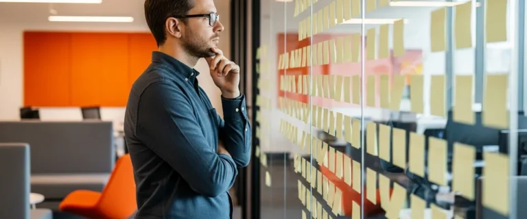 Newly promoted engineering manager standing at a wall of blank sticky notes, weighing whether a recent IC to manager transition is finding footing or washing out