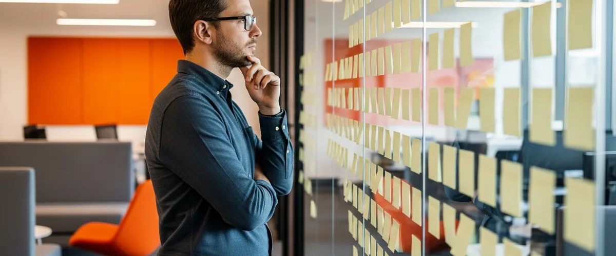 Newly promoted engineering manager standing at a wall of blank sticky notes, weighing whether a recent IC to manager transition is finding footing or washing out