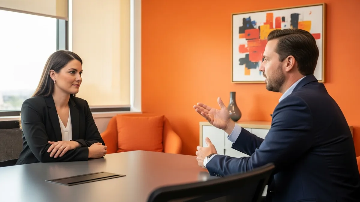 Hiring manager interviewing an accounting manager candidate across a conference table
