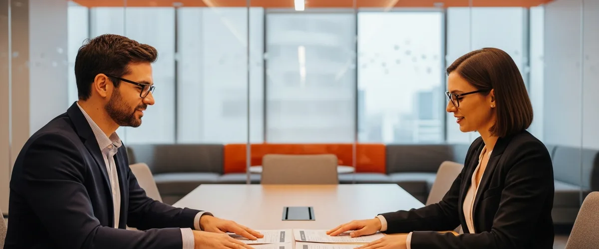 Finance director and IT hiring manager reviewing IT staff augmentation cost estimates across a conference table