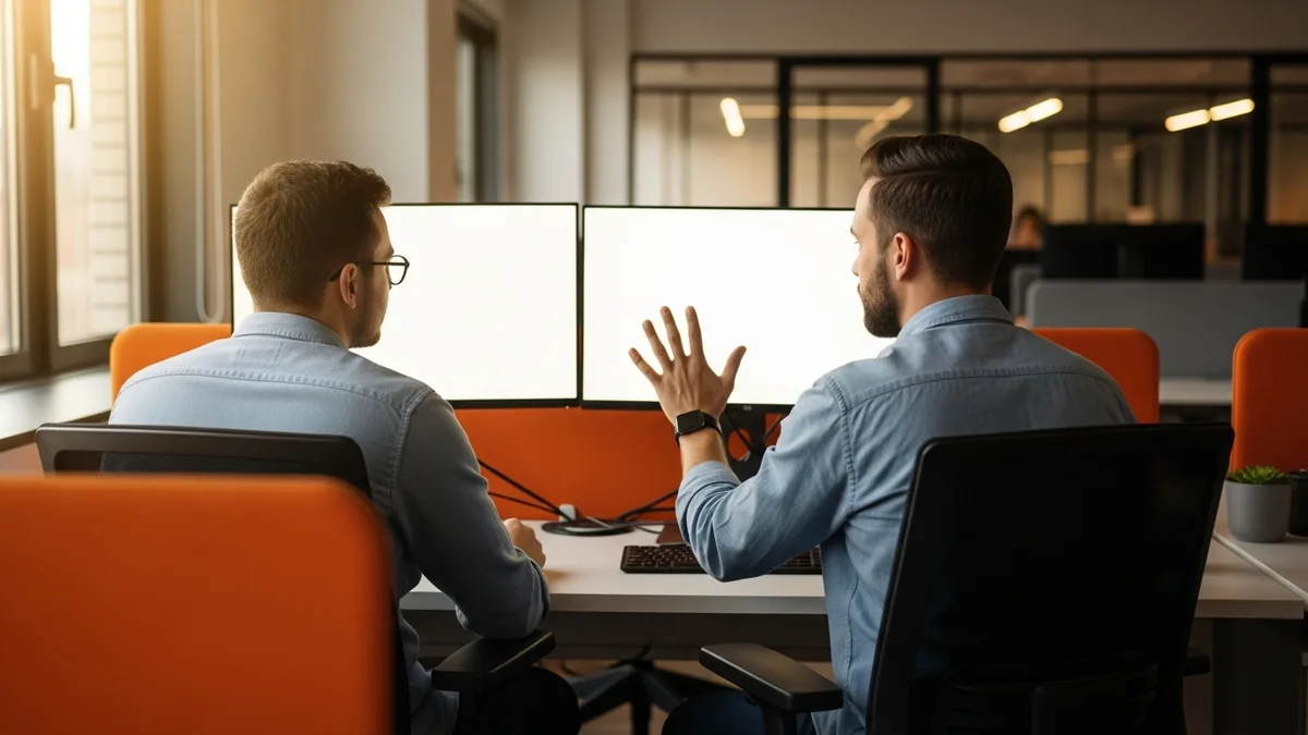 Contract software engineer onboarding beside a staff engineer at a shared desk in an open-plan tech office