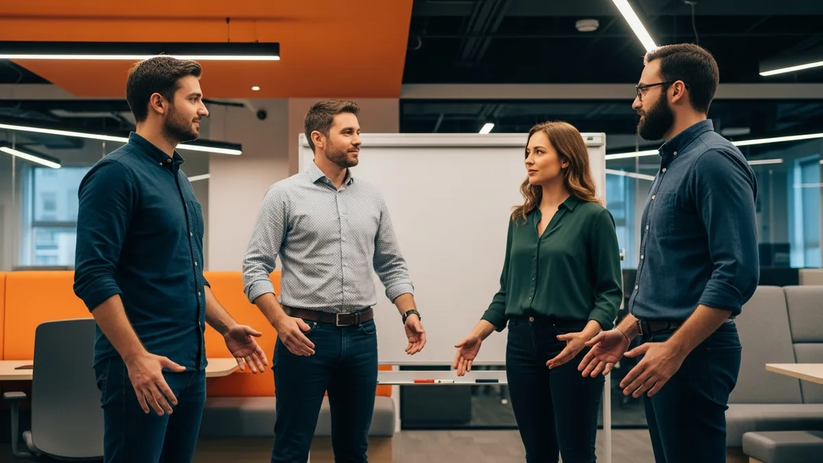 Blended team of employee and contract engineers standing in a morning standup beside a whiteboard