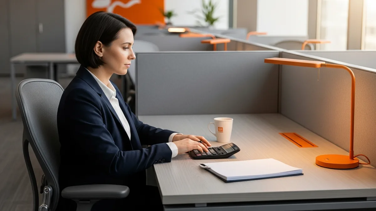 Compensation analyst calculating the fully loaded annual cost of a senior software engineer at a desk with a calculator